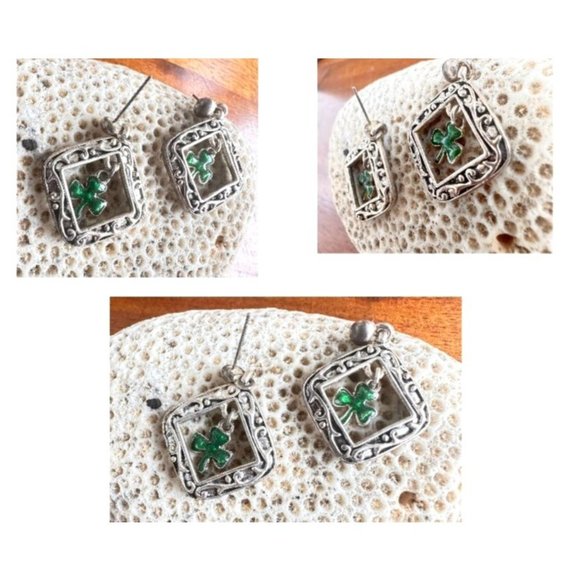 Vintage 80's Shamrock Earrings Handmade Dangle Posts St Patrick's Day Pa… - Picture 10 of 12